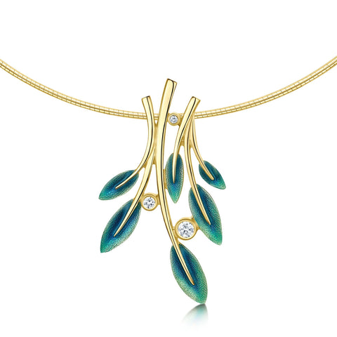 18ct Gold Rowan Dress Necklace in Evergreen Enamel with Diamond
