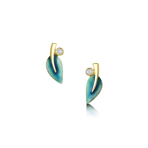 18ct Gold Rowan Small Stud Earrings in Evergreen Enamel with Diamond