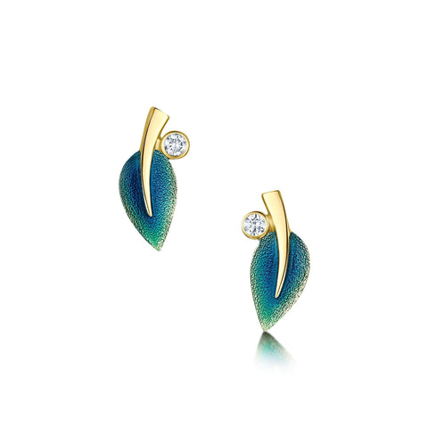 18ct Gold Rowan Stud Earrings in Evergreen Enamel with Diamond