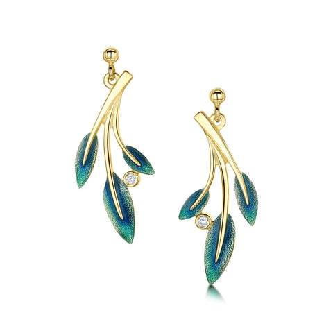18ct Gold Rowan Three-Leaf Drop Earrings in Evergreen Enamel with Diamond