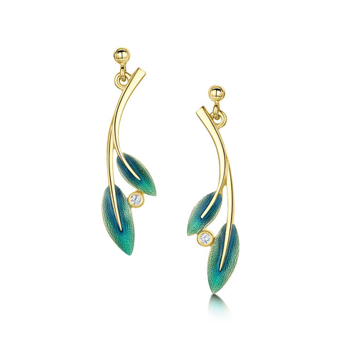 18ct Gold Rowan Two-Leaf Drop Earrings in Evergreen Enamel with Diamond