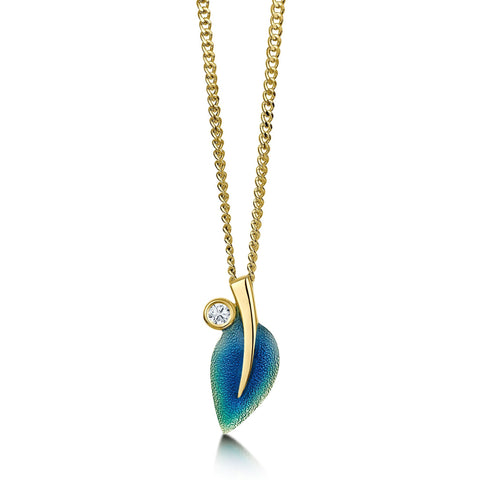 18ct Gold Rowan Single-Leaf Pendant Necklace in Evergreen Enamel with Diamond