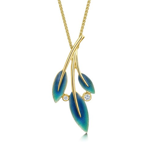 18ct Gold Rowan Three-Leaf Pendant Necklace in Evergreen Enamel with Diamond